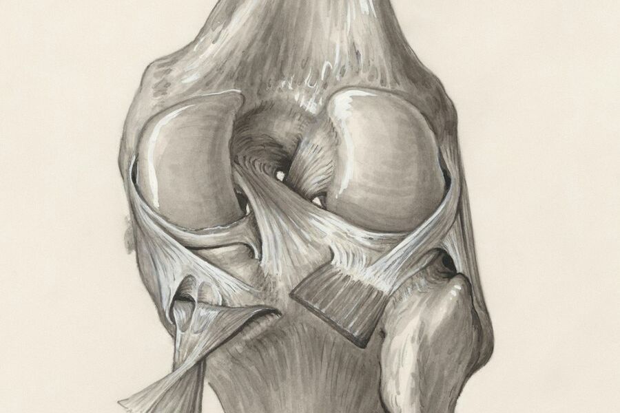 Historische anatomische Zeichnung des Kniegelenks von vorn mit Bändern und Menisken